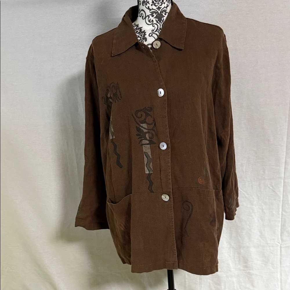 Vintage J. Jill Linen Brown Jacket with Artistic Details Hand Painted Lagenlook